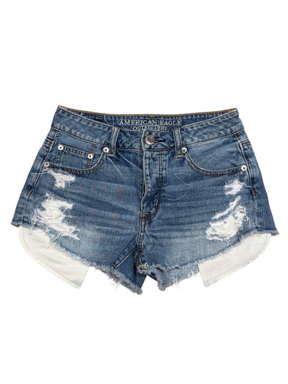 American Eagle Outfitters Hi-Rise Festival Denim Shorts Distressed Raw Hem Blue